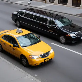 A yellow taxi and a black limousine parked next to each othe