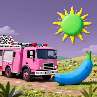A pink fire truck, a blue banana, and a green sun in a surre