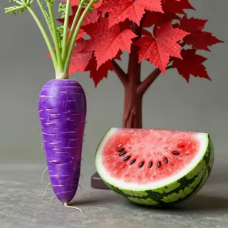 A purple carrot, a red tree with red leaves, and a white wat