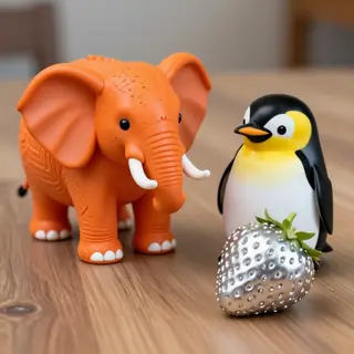 An orange elephant, a yellow penguin, and a silver strawberr