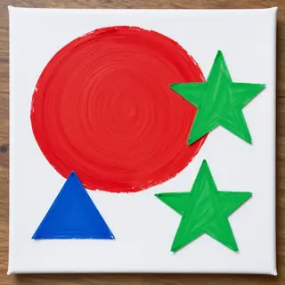A large red circle, a small blue triangle, and a medium gree