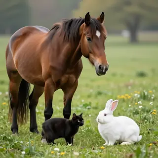 A big brown horse, a small white rabbit, and a medium-sized 