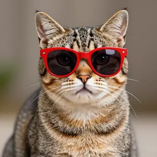 A tabby cat wearing oversized red sunglasses