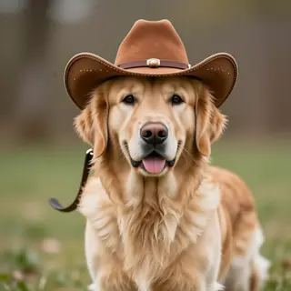 A golden retriever wearing a tiny cowboy hat
