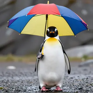 A penguin holding a colorful umbrella