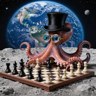An octopus wearing a top hat and monocle playing chess on th