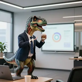 A dinosaur in a business suit giving a PowerPoint presentati