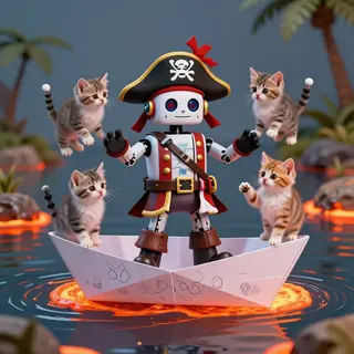 A robot dressed as a pirate sailing a paper boat on a lake o