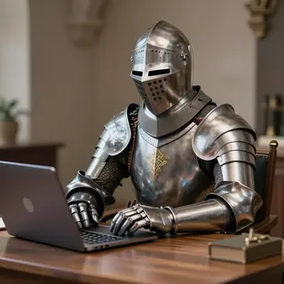 A medieval knight in full armor sitting at a desk typing on 
