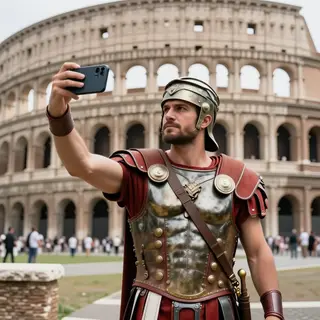 A Roman gladiator taking a selfie with a smartphone in the C