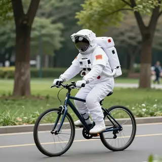 An astronaut in a spacesuit riding a bicycle through a park