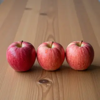 Exactly 3 red apples arranged on a wooden table