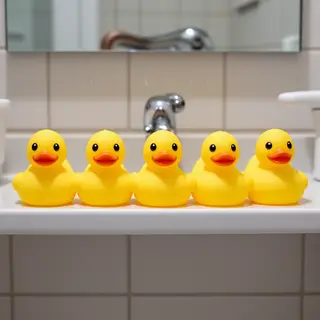 Exactly 5 yellow rubber ducks sitting in a row on a bathroom