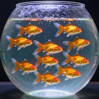 Exactly 9 goldfish swimming in a large round fishbowl