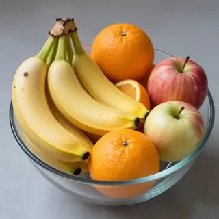 A fruit bowl containing exactly 3 bananas, 4 oranges, and 2 