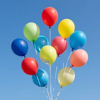 Exactly 11 colorful balloons floating against a clear blue s