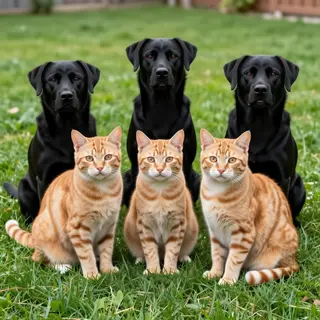 2 orange cats and 3 black dogs sitting together on a grassy 