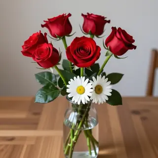 4 red roses and 2 white daisies in a glass vase on a table