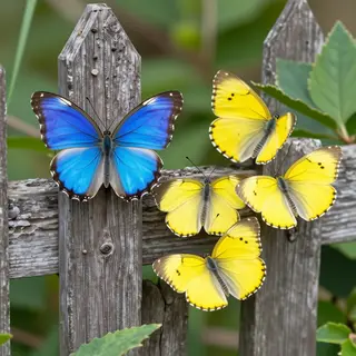 1 blue butterfly and 3 yellow butterflies resting on a garde