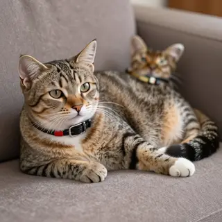 A cat lying on a couch without a collar
