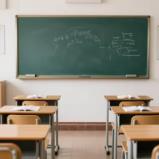 A classroom with desks and a chalkboard but no students