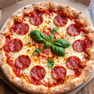 A pepperoni pizza with tomato sauce, basil, and crust but ab
