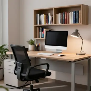 An office workspace with a desk, chair, bookshelf, and lamp 