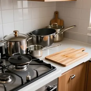 A kitchen with pots, pans, a stove, and a cutting board but 