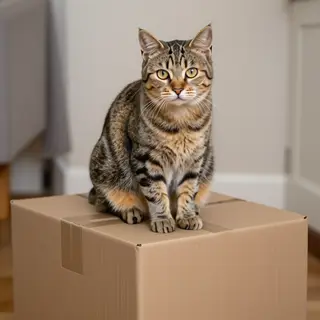 A cat sitting on top of a cardboard box
