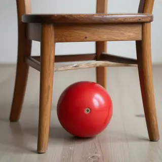 A red ball underneath a wooden chair