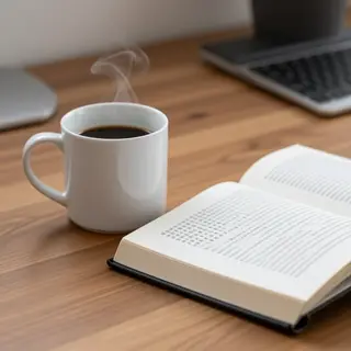 A coffee mug next to an open book on a desk