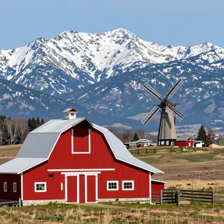 A landscape with a red barn in the foreground at large scale