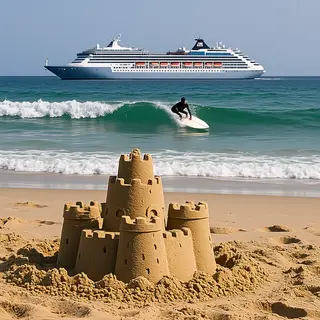 A beach scene with a sandcastle in the foreground, a surfer 