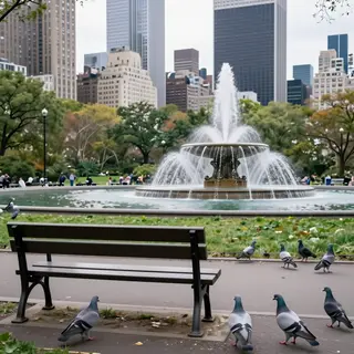 A city park with a park bench and pigeons in the foreground,