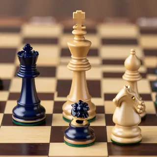 Five chess pieces on a board: a king in the center, a queen 