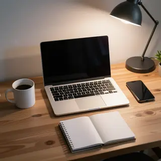 A desk scene: laptop in the center, coffee mug to the left, 
