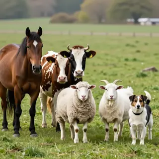 Five animals in a field: a horse on the far left, a cow to t