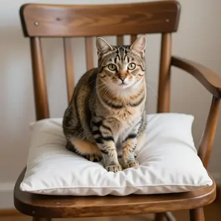 A cat sitting on a pillow, the pillow placed on a wooden cha