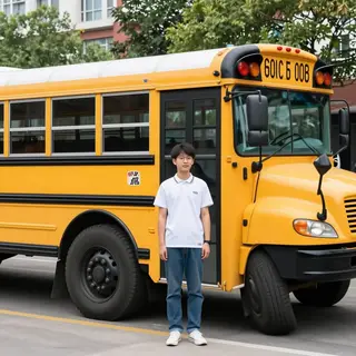 A person standing next to a yellow school bus, showing reali