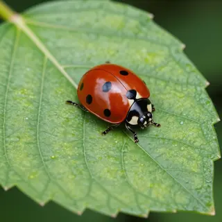 A ladybug sitting on a large green leaf, shown at realistic 