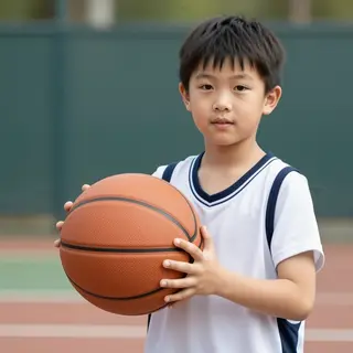A child holding a basketball, both at correct relative sizes