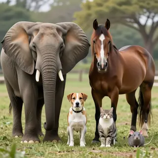 A group photo of an elephant, a horse, a dog, a cat, and a m