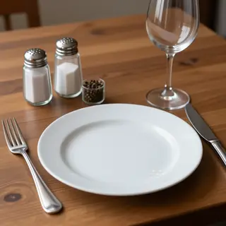 A dinner table scene with a plate, fork, knife, wine glass, 