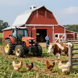 A farm scene with a barn, tractor, farmer, cow, chicken, and