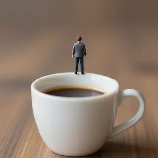 A tiny person standing on the rim of a coffee cup, looking d