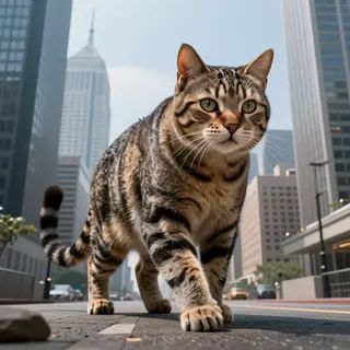 A giant tabby cat walking between city skyscrapers like a ka
