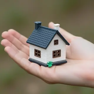 A miniature house sitting on the palm of someone's hand