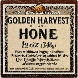 A product label for 'GOLDEN HARVEST ORGANIC HONEY' with subt