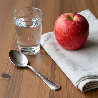 A still life on a wooden table featuring a clear glass of wa