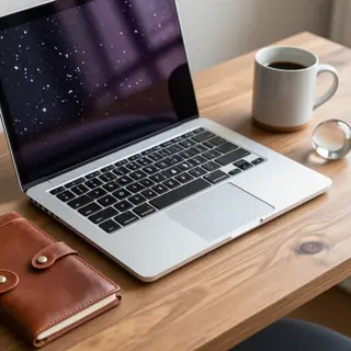 A workspace desk with a brushed aluminum laptop, a leather-b